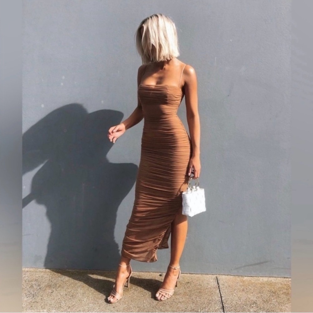 NBD Ruched Square-Neck Midi Dress in Brown